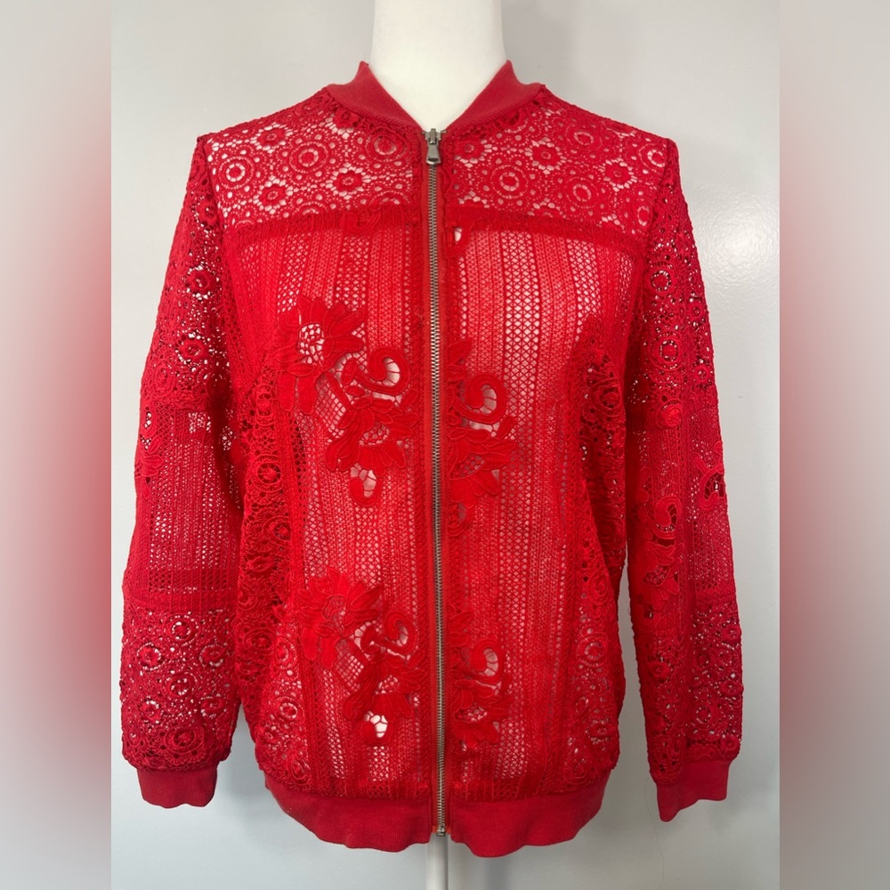 Chico's Women’s Cherry Red Full Zip Bomber Jacket, Lace Flower Doily Design Med